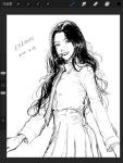  1girl character_name chinese_commentary chunqing_jisandi collared_shirt dated earpiece greyscale highres k-pop le_sserafim long_hair looking_at_viewer monochrome nakamura_kazuha necktie parted_lips real_life screenshot shirt shirt_tucked_in sketch smile solo 