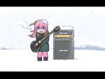  1girl absurdres amplifier aqua_eyes black_footwear bocchi_the_rock! boots clenched_teeth coat electric_guitar gotou_hitori grey_coat guitar hands_in_pockets highres instrument letterboxed long_hair long_sleeves marshall oishi_oiru one_side_up outdoors pants pink_hair pink_pants shaded_face snow snow_on_head solo standing teeth 