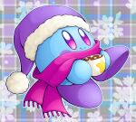  alternate_color blue_skin blush_stickers colored_skin cup food hat highres holding holding_cup hot_chocolate kirby kirby_(series) looking_at_viewer marshmallow no_humans pom_pom_(clothes) purple_headwear scarf slys_(jesterdysphoria) smile solid_oval_eyes solo star_(symbol) violet_eyes 