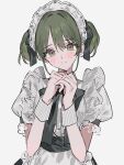  1girl alternate_costume aogisa apron blush enmaided green_eyes green_hair highres idolmaster idolmaster_shiny_colors light_smile looking_at_viewer maid nanakusa_nichika neck_ribbon official_alternate_costume own_hands_together puffy_short_sleeves puffy_sleeves ribbon short_hair short_sleeves short_twintails simple_background solo twintails upper_body white_apron white_background wrist_cuffs 