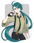  1girl ahoge black_necktie black_pants bright_pupils collared_shirt commentary_request earrings eyelashes green_hair hand_up highres holding holding_poke_ball jewelry long_hair looking_at_viewer necktie pants poke_ball poke_ball_(basic) pokemon pokemon_(game) pokemon_sv ponytail red_eyes reverse_trap rika_(pokemon) shirt shiruku_(gp_oro8) sleeves_rolled_up smile solo white_pupils 