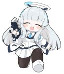  1girl bangs blue_archive blush chibi closed_eyes grey_hair gun halo handgun headphones highres jacket long_hair looking_at_viewer miranofuudoria necktie noa_(blue_archive) simple_background smile solo staccato_2011 very_long_hair weapon white_background 