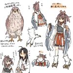  2girls ahoge animal animalization bangs bird bird_tail black_hair brown_eyes brown_gloves closed_mouth commentary_request falcon feathered_wings flying_sweatdrops gloves hachimaki hair_between_eyes headband high_ponytail hinata_hibari japanese_clothes kantai_collection kimono light_brown_hair long_hair multiple_girls multiple_views muneate open_mouth partially_fingerless_gloves shouhou_(kancolle) simple_background tail translation_request very_long_hair white_background white_kimono wings yugake zuihou_(kancolle) 