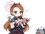  2girls blue_archive blush_stickers brown_eyes brown_hair dark-skinned_female dark_skin fingerless_gloves gloves gun h&amp;k_ump hair_over_one_eye hairband halo holding holding_gun holding_weapon idolmaster idolmaster_(classic) iori_(blue_archive) long_hair minase_iori multiple_girls name_connection parted_lips plate_carrier pointy_ears pouch red_eyes simple_background spawnfoxy submachine_gun weapon white_background 