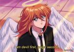  1990s_(style) angel angel_devil_(chainsaw_man) angel_wings artist_name bangs black_jacket black_necktie breasts chainsaw_man collared_shirt english_text formal hair_between_eyes halo hanavbara jacket looking_up medium_breasts necktie retro_artstyle shirt shirt_tucked_in subtitled suit suit_jacket white_shirt white_wings wings 