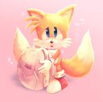  1boy :o fox_boy full_body furry furry_male gloves holding looking_at_viewer male_focus misuta710 multiple_tails pink_background shoes simple_background solo sonic_(series) sonic_the_hedgehog_2_(film) standing tail tails_(sonic) translation_request two_tails white_gloves 