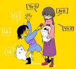  1girl 1other annoying_dog bangs black_hair blue_shorts braid brown_hair closed_eyes dog frisk_(undertale) highres holding holding_microphone interview long_hair madotsuki microphone no open_mouth pink_sweater purple_skirt shirt short_hair shorts skirt smile striped striped_shirt sweater tamanoha_(cookware) twin_braids undertale yellow_background yes yume_nikki 