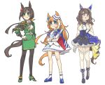  3girls adapted_costume akikawa_yayoi_(umamusume) animal_ears ascot belt black_footwear black_pantyhose black_skirt blue_cape blue_eyes blue_flower blue_footwear blue_rose boots brown_eyes brown_hair cape commentary dress ear_covers ears_through_headwear epaulettes flower folding_fan frilled_skirt frills full_body gloves gold_trim green_eyes green_footwear green_jacket hair_flower hair_ornament hair_ribbon hand_fan hayakawa_tazuna high_heels highres holding holding_fan horse_ears horse_girl jacket koppe_(sbbtpp64) light_hello_(umamusume) long_hair looking_to_the_side mary_janes multicolored_hair multiple_girls orange_hair pantyhose petticoat ribbon rose shoes simple_background single_epaulette skirt sleeveless sleeveless_dress smile socks streaked_hair thigh-highs tilted_headwear two-tone_hair umamusume white_ascot white_background white_belt white_gloves white_hair white_socks white_thighhighs yellow_ribbon 