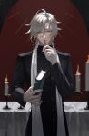  1boy ahoge bible_(object) brown_hair candle candlestand cassock egggg233333 henri_lambert highres long_sleeves looking_at_viewer male_focus monocle piofiore_no_bansho red_background rosary short_hair solo table violet_eyes 