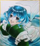  absurdres afloat barbed_tongue blue_eyes blue_hair fins fish fish_tail frilled_kimono frills green_kimono head_fins highres japanese_clothes kimono long_sleeves medium_hair mermaid monster_girl ribbon tail tongue touhou traditional_media wakasagihime water wet wet_clothes wet_hair white_ribbon whoru 