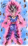  1boy angry aura biceps black_wristband blue_sky boots brown_footwear clenched_hands closed_mouth commentary_request day debris dougi dragon_ball dragon_ball_super dragon_ball_super_super_hero electricity energy floating floating_rock frown full_body gohan_beast grey_hair highres looking_at_viewer male_focus muscular muscular_male outdoors pectorals red_eyes red_sash rock sash scratches signature sky solo son_gohan spiky_hair torn_clothes v-shaped_eyebrows wristband youngjijii 