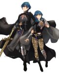  1boy 1girl absurdres armor bangs black_armor black_cape black_footwear black_shorts blue_eyes blue_hair boots brown_pantyhose byleth_(female)_(fire_emblem) byleth_(fire_emblem) byleth_(male)_(fire_emblem) cape closed_mouth commentary english_commentary fire_emblem fire_emblem:_three_houses gauntlets hair_between_eyes highres holding holding_sword holding_weapon knife long_hair looking_at_viewer pantyhose sheath sheathed short_hair short_shorts shorts sierra117renner simple_background sword sword_of_the_creator twitter_username weapon white_background 
