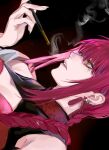  1girl ancoo_mm bangs black_background braid braided_ponytail chainsaw_man cleavage_cutout clothing_cutout earrings highres holding holding_smoking_pipe jewelry long_hair makima_(chainsaw_man) parted_lips redhead ringed_eyes single_braid smoke smoking smoking_pipe solo tassel tassel_earrings yellow_eyes 