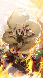  1girl :p absurdres animal_ears bangs blood blood_on_face blood_on_hands body_fur burning claws crossed_arms dark-skinned_female dark_skin extra_arms faputa fire flower full_body hair_between_eyes highres horns juntuanzi leaf made_in_abyss monster_girl multiple_horns multiple_tails outdoors red_horns short_hair sitting solo tail tongue tongue_out white_flower white_fur white_hair wide-eyed yellow_eyes 