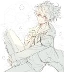  1boy absurdres akazumii closed_mouth collar_x_malice flower highres holding holding_flower hood hood_down hoodie looking_at_viewer male_focus pants petals sasazuka_takeru short_hair sketch smile solo white_background 