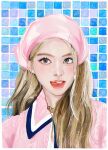  1girl bandana blonde_hair commentary eyelashes freckles gold_choker highres jacket k-pop light_blush light_smile lips long_hair looking_to_the_side ma_xiao_ya nayeon_(twice) open_mouth pink_bandana pink_jacket portrait real_life realistic solo symbol-only_commentary teeth tile_wall tiles tongue tongue_out twice_(group) 