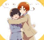  2boys axis_powers_hetalia black_hair blush brown_hair closed_eyes embarrassed formal hug japan_(hetalia) multiple_boys necktie northern_italy_(hetalia) open_mouth personification puckered_lips short_hair side_ahoge suit translation_request trembling user_pvwm7753 v-shaped_eyebrows 