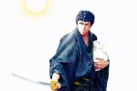  1boy animal bandaid bandaid_on_face black_hair cat facing_viewer highres holding holding_animal holding_cat holding_sword holding_weapon japanese_clothes katana kimono male_focus meme mitsui_hisashi nekozamurai samurai scar scar_on_face simple_background slam_dunk_(series) sun sweat sword tianran_(maxewa) weapon white_background 