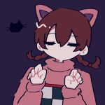  1girl animal_ears braid brown_hair cat_ears closed_eyes eyelashes hair_between_eyes hair_tie madotsuki medium_hair no_mouth paw_pose pink_sweater purple_background solo sweater turtleneck turtleneck_sweater twin_braids yume_nikki yuujin_(0603175) 