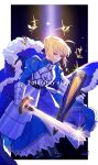  1girl ahoge armor armored_dress artoria_pendragon_(fate) avalon_(fate/stay_night) bangs blonde_hair blue_dress border braid breastplate commentary_request copyright_name dress excalibur_(fate/stay_night) fate/stay_night fate_(series) french_braid gauntlets green_eyes hair_bun hal_(haaaalhal) half-closed_eyes highres holding holding_sword holding_weapon juliet_sleeves long_sleeves outside_border puffy_sleeves saber scabbard sheath short_hair signature single_hair_bun smile solo sword weapon white_border 