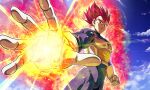  1boy aiming armor aura clenched_hand clouds commentary_request dragon_ball dragon_ball_super dragon_ball_super_broly foreshortening frown gloves highres male_focus muscular muscular_male red_eyes redhead sekitsuki_hayato serious sky solo super_saiyan super_saiyan_god vegeta white_gloves 