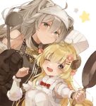  2girls ;d animal_ears bare_shoulders blonde_hair blush chef_hat closed_mouth frying_pan grey_hair hat head_scarf height_difference highres holding holding_frying_pan holding_ladle hololive horns kumono_nnn ladle lion_ears lion_girl long_hair looking_at_viewer multiple_girls one_eye_closed open_mouth sheep_ears sheep_girl sheep_horns shishiro_botan smile tsunomaki_watame virtual_youtuber 