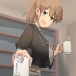  1girl black_shirt blue_eyes breasts brown_hair cup grey_neckerchief intrepid_(kancolle) kantai_collection large_breasts m.a.o mug neckerchief one-hour_drawing_challenge ponytail shirt short_hair solo upper_body 