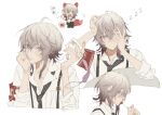  1boy ahoge blush candy cocoanut collar_x_malice collared_shirt food grey_hair lollipop long_sleeves male_focus multicolored_hair necktie okazaki_kei redhead shirt short_hair sketch solo suspenders violet_eyes white_background white_hair white_shirt 