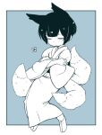  1girl animal_ears bangs black_hair blue_background bob_cut border closed_eyes closed_mouth fox_ears fox_girl full_body japanese_clothes kimono kukuri_(mawaru) long_sleeves mawaru_(mawaru) monochrome multiple_tails obi original sash short_hair simple_background socks solo tabi tail white_border white_kimono white_socks 