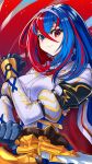  1girl absurdres alear_(female)_(fire_emblem) alear_(fire_emblem) armor bangs blue_eyes blue_hair blush breasts clenched_hand commentary_request crossed_bangs fire_emblem fire_emblem_engage gloves heterochromia highres holding holding_sword holding_weapon jewelry liberation_(fire_emblem) long_hair looking_at_viewer medium_breasts multicolored_hair red_eyes redhead rooru_kyaabetsu smile solo split-color_hair sword tiara two-tone_hair very_long_hair weapon 