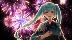  1girl animal_print blue_eyes blue_hair blush butterfly_print eyelashes fireworks hand_on_own_chest hatsune_miku highres japanese_clothes koniro long_hair open_mouth smile solo sparkling_eyes standing teeth twintails upper_teeth_only vocaloid 