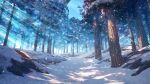  blue_sky commentary dappled_sunlight day forest hachio81 highres landscape light_rays nature no_humans original outdoors rock scenery sky snow sunbeam sunlight tree watermark winter 