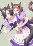  2girls ^_^ air_shakur_(umamusume) animal_ears bangs black_hair blush bow bowtie breasts brown_hair closed_eyes eyebrow_piercing fine_motion_(umamusume) green_background hair_bun heart hi_(ibisf5umauma) horse_ears horse_girl horse_tail hug hug_from_behind long_hair motion_lines multiple_girls notice_lines open_mouth outline parted_bangs piercing purple_shirt sailor_collar school_uniform sharp_teeth shirt short_hair short_sleeves skirt small_breasts smile sweatdrop tail teeth tracen_school_uniform twitter_username umamusume white_outline white_skirt yellow_eyes yuri 