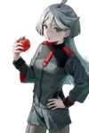  1girl ahoge breasts brown_eyes closed_mouth cowboy_shot esubui food food_on_face green_jacket green_shorts grey_hair grey_pantyhose gundam gundam_suisei_no_majo hand_on_hip highres holding holding_food jacket long_hair long_sleeves looking_at_viewer miorine_rembran pantyhose shorts simple_background small_breasts solo tomato white_background 