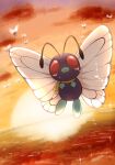  absurdres butterfree clouds commentary_request crying fangs highres no_humans outdoors pokemon pokemon_(anime) pokemon_(classic_anime) pokemon_(creature) red_eyes scarf sky solo sun sunset tears tkc_(user_snjd8547) twilight yellow_scarf 