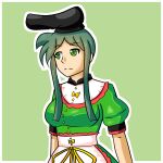  1girl apron black_collar black_headwear border breasts closed_mouth collar commentary dress frills green_background green_dress green_eyes green_hair hat highres looking_to_the_side medium_breasts outline outside_border puffy_short_sleeves puffy_sleeves ribbon short_hair_with_long_locks short_sleeves simple_background solo split_mouth tate_eboshi teireida_mai touhou upper_body waist_apron white_border white_outline yellow_ribbon yuritho 