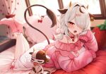  1girl animal_ears bangs blush bow bowtie cow_ears cow_girl cow_horns cow_tail ear_tag fang flower grey_hair hair_flower hair_intakes hair_ornament hair_over_one_eye horns indie_virtual_youtuber indoors legs_up long_sleeves looking_at_viewer lying marota marota_(character) medium_hair no_shoes on_bed on_stomach open_mouth pajamas pink_socks red_bow red_bowtie red_eyes skin_fang sleeves_past_fingers sleeves_past_wrists smile socks solo tail the_pose twitter_username virtual_youtuber window 