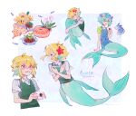  1boy :d artist_name bangs basil_(omori) blonde_hair blue_overalls blue_shorts blush book border camera character_name chinese_commentary closed_mouth collared_shirt commentary_request conch cropped_torso crying crying_with_eyes_open dated fins fish flower flower_wreath full_body green_eyes green_shirt green_vest hair_between_eyes hair_ornament head_fins head_wreath highres holding holding_book holding_camera looking_away looking_to_the_side male_focus merman monster_boy multiple_views omori open_mouth outside_border overall_shorts overalls plant profile purple_flower raised_eyebrows red_eyes sea_slug seashell shell shirt short_hair short_sleeves shorts sidelocks simple_background smile sprout starfish_hair_ornament tears upper_body vest wavy_mouth white_border white_shirt wing_collar wzyskglz yellow_flower 
