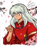  1boy animal_ears bangs bead_necklace beads branch cherry_blossoms closed_mouth commentary cropped_torso dated dianavigo dog_ears english_commentary falling_petals hair_between_eyes hand_up inuyasha inuyasha_(character) jewelry long_hair looking_at_hand male_focus necklace orange_eyes petals red_robe robe signature simple_background solo spanish_text upper_body white_background white_hair 