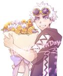  1boy black_eyes bouquet bright_pupils commentary_request eyeshadow eyewear_on_head flower from_side grin guzma_(pokemon) happy_birthday highres hood hood_down hooded_jacket jacket looking_to_the_side makeup male_focus multicolored_hair nyoripoke pokemon pokemon_(game) pokemon_sm purple_eyeshadow ribbon short_sleeves simple_background smile solo sunglasses teeth two-tone_hair upper_body white_background white_hair white_pupils yellow-framed_eyewear yellow_flower 