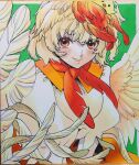  absurdres animal animal_on_head bird blonde_hair blush chick chicken feather_hair feathered_wings feathers highres neckerchief niwatari_kutaka on_head orange_eyes orange_feathers orange_hair orange_neckerchief orange_skirt puffy_short_sleeves puffy_sleeves short_sleeves simple_background skirt smile touhou traditional_media two-tone_background whoru wings yellow_feathers yellow_wings 