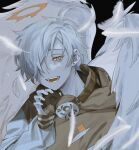  1boy :d angel_wings black_background brown_hoodie crazy_raccoon daruma_is_god earrings falling_feathers fangs feathers hair_over_one_eye halo hand_on_headphones headphones headphones_around_neck highres hood hood_down hoodie jewelry juu_(45_jujut) long_sleeves looking_at_viewer male_focus orange_eyes short_hair simple_background sleeves_past_wrists smile solo stud_earrings teeth upper_body white_feathers white_hair wings 