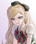  1girl absurdres artist_name bangs belt blonde_hair bow bowtie braid brown_bow danganronpa_(series) danganronpa_2:_goodbye_despair gem gradient_background green_eyes grey_background hair_bow highres long_hair nika_kapustka puffy_short_sleeves puffy_sleeves red_bow red_bowtie short_sleeves smile solo sonia_nevermind teeth upper_body watermark white_belt 