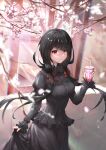  1girl absurdres bangs black_bow black_bowtie black_dress black_hair blurry blurry_background bow bowtie breasts che_zero cherry_blossoms closed_mouth commentary_request cup date_a_live disposable_cup dress drink drinking_straw frilled_dress frilled_sleeves frills hand_up heterochromia highres holding holding_cup light_smile long_hair long_sleeves looking_at_viewer low_twintails medium_breasts outdoors red_bow red_eyes skirt_hold solo tokisaki_kurumi twintails very_long_hair yellow_eyes 