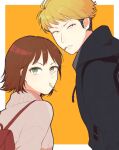  1boy 1girl :t backpack bag bangs black_hoodie blonde_hair brown_hair candy casual cigarette food from_behind furrowed_brow green_eyes hood hood_down hoodie lollipop long_sleeves looking_at_viewer looking_back mouth_hold orange_background osano_rui outside_border shio_(fk_sshioo) short_hair simple_background suwa_koutarou sweater turtleneck turtleneck_sweater undercut upper_body world_trigger 