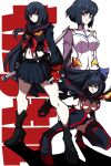  absurdres black_hair blue_eyes boots bow breasts full_body gloves high_heel_boots high_heels highres kekel kill_la_kill kiryuuin_satsuki kneeling long_hair looking_at_viewer looking_to_the_side midriff navel red_bow sailor_collar senketsu short_hair standing suspenders under_boob unerboob white_background wide_hips wind 