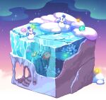  43 blue_headwear blush blush_stickers brown_eyes cave chilly_(kirby) clouds commentary_request crystal frozen full_body gradient_sky hat ice ice_cave isometric kirby_(series) night night_sky no_humans scenery sky snow snowman standing star_(sky) starry_sky waddle_dee 