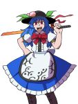  1girl :d absurdres bangs black_headwear blue_hair bow bowtie center_frills eddybird55555 english_commentary food frills fruit hand_on_hip highres hinanawi_tenshi holding holding_sword holding_weapon leaf long_hair looking_at_viewer open_mouth peach red_bow red_bowtie red_eyes ringed_eyes short_sleeves simple_background smile solo standing sword sword_of_hisou touhou weapon white_background 