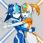  2girls :d aqua_eyes blue_hair bodysuit breasts chest_jewel colored_skin commentary_request fang highres hug medium_breasts multicolored_hair multiple_girls nikunopengin one_eye_closed orange_hair original ponytail shiny_clothes short_twintails skin_tight smile tareme tokusatsu tsurime twintails white_hair white_skin 