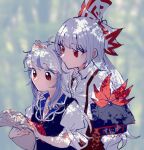  2girls ahoge arm_up backlighting bangs blue_hair blunt_bangs blurry blurry_background bow closed_mouth collared_shirt dappled_sunlight expressionless from_side fujiwara_no_mokou hair_bow half_updo hand_on_another&#039;s_head hand_up hands_up hat hat_removed headwear_removed height_difference holding holding_clothes holding_hat holding_paper itomugi-kun kamishirasawa_keine light_blue_hair long_hair looking_at_another looking_down multicolored_hair multiple_girls neckerchief outdoors paper puffy_short_sleeves puffy_sleeves red_eyes red_neckerchief shade shirt short_sleeves streaked_hair sunlight suspenders swept_bangs tokin_hat touhou upper_body white_bow white_hair white_shirt wing_collar 